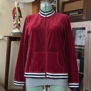 Y2K Velour Track Jacket Red Velvet Emo Grunge Streetwear Zip Up Striped Collar